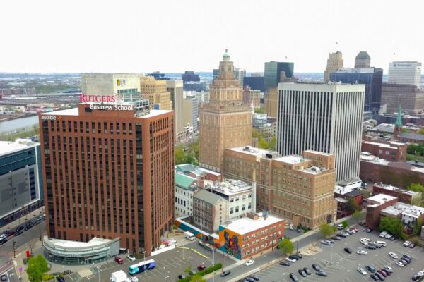 Aerial view of Audible's headquarters in downtown Newark