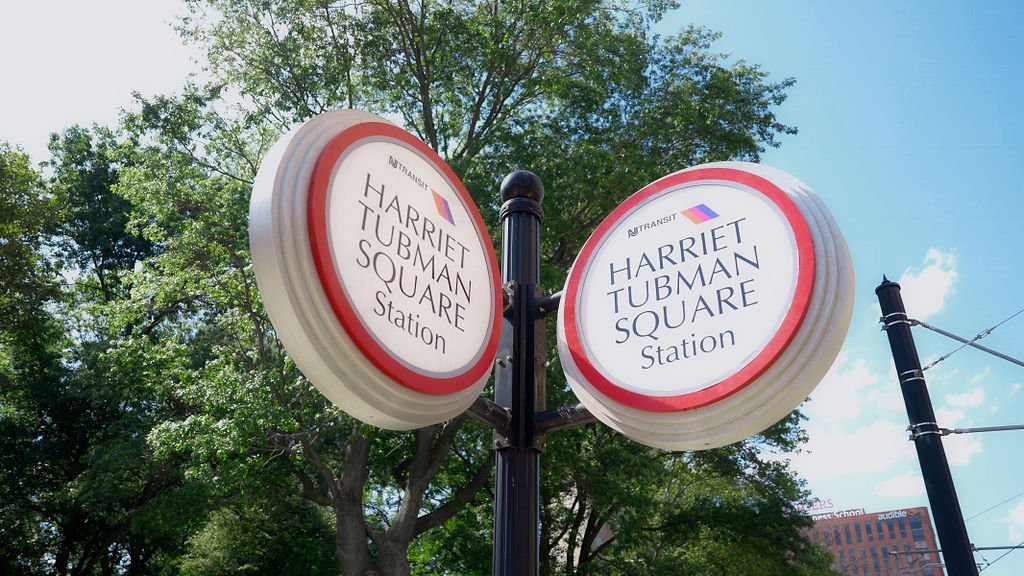 The newly renamed Harriet Tubman Square Station sign